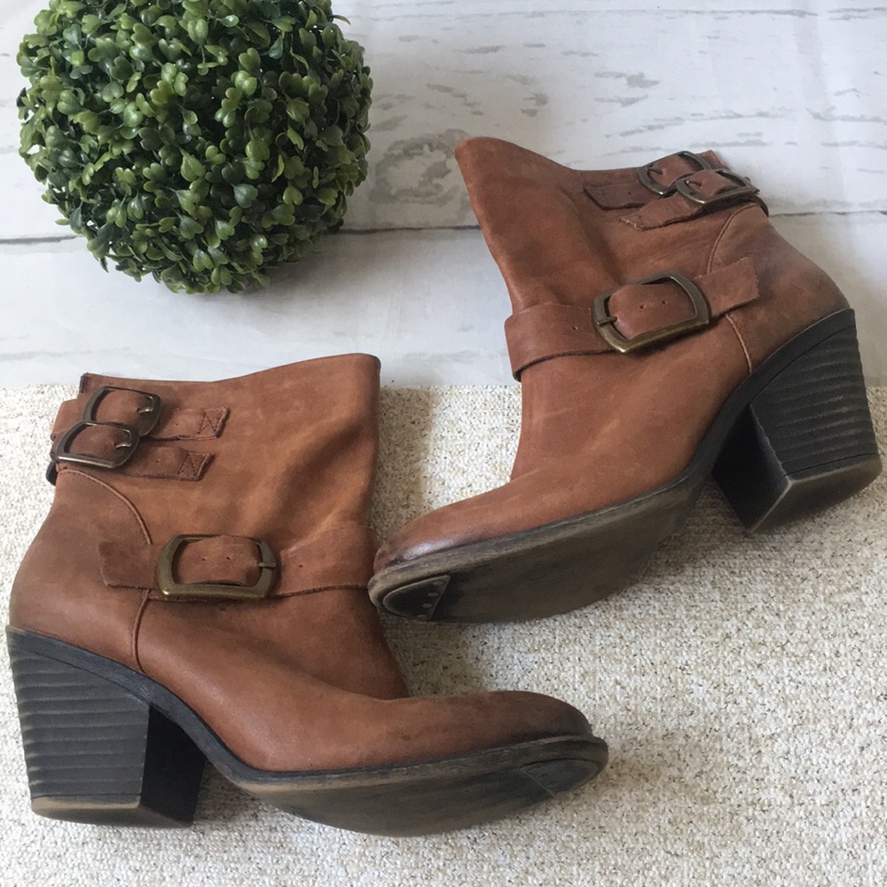 Lucky Brand Tommie Chestnut Brown Leather Ankle Boots Heeled Booties Buckle